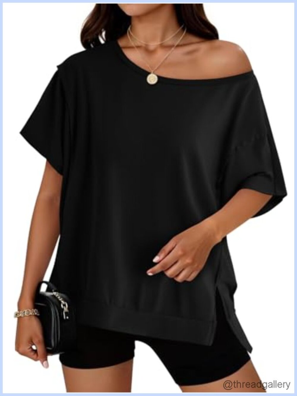 Women's Oversized Batwing Short Sleeve T-Shirt with Slit Hem Summer Beach Top